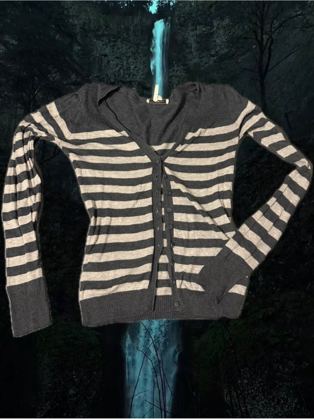 BCBG gray and white striped v neck cardigan top